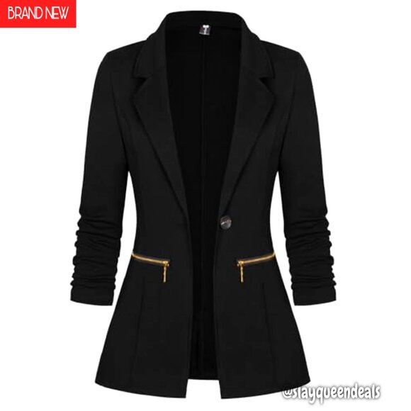 Long Sleeve Blazer Jacket with Zipper Pockets, Slim Fit for Work Office Casual - Picture 2 of 8
